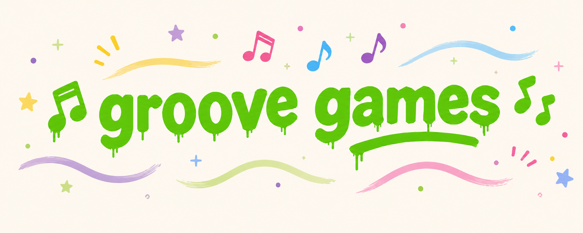 logo van Groove Games met muzieknoten en kleurrijke strepen